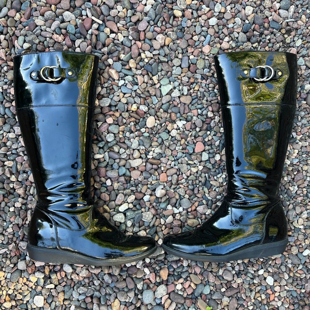 Cole Haan Black Patent Leather Tall Classic Women's Waterproof Boots Sz 6.5B
